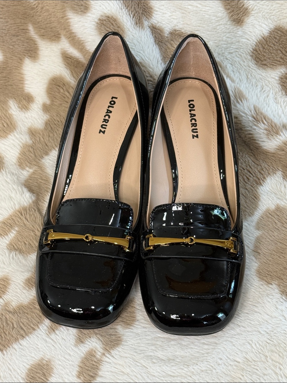 LOLA CRUZ Black Patent Block Heel Loafers with Gold Accent - Picture 3 of 5